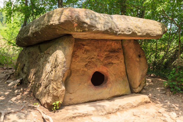 dolmen se encuentra en el bosque, la antigua estructura de piedra megalítica. - dolmen stone grave ancient fotografías e imágenes de stock