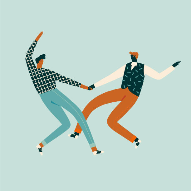 ilustraciones, imágenes clip art, dibujos animados e iconos de stock de baile tarjeta de par de personajes en 50s retro estilo de ilustración - bailar el swing