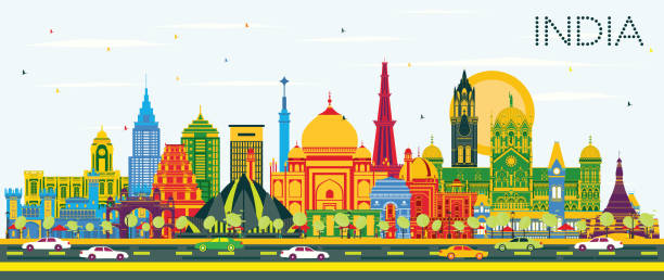 ilustraciones, imágenes clip art, dibujos animados e iconos de stock de horizonte de la ciudad de la india con color edificios y cielo azul. - india bangalore contemporary skyline