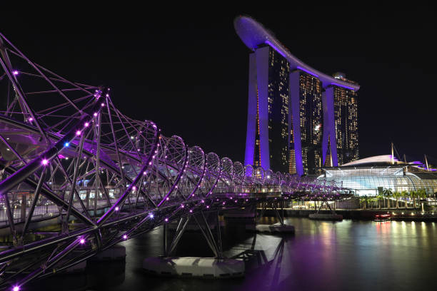 Singapore, Singapore - December 28, 2018: Night view of the pedestrian Helix Bridge and Marina Bay Sands. Marina Bay Sands is a famous landmark and luxury hotel at Marina Bay, Singapore.