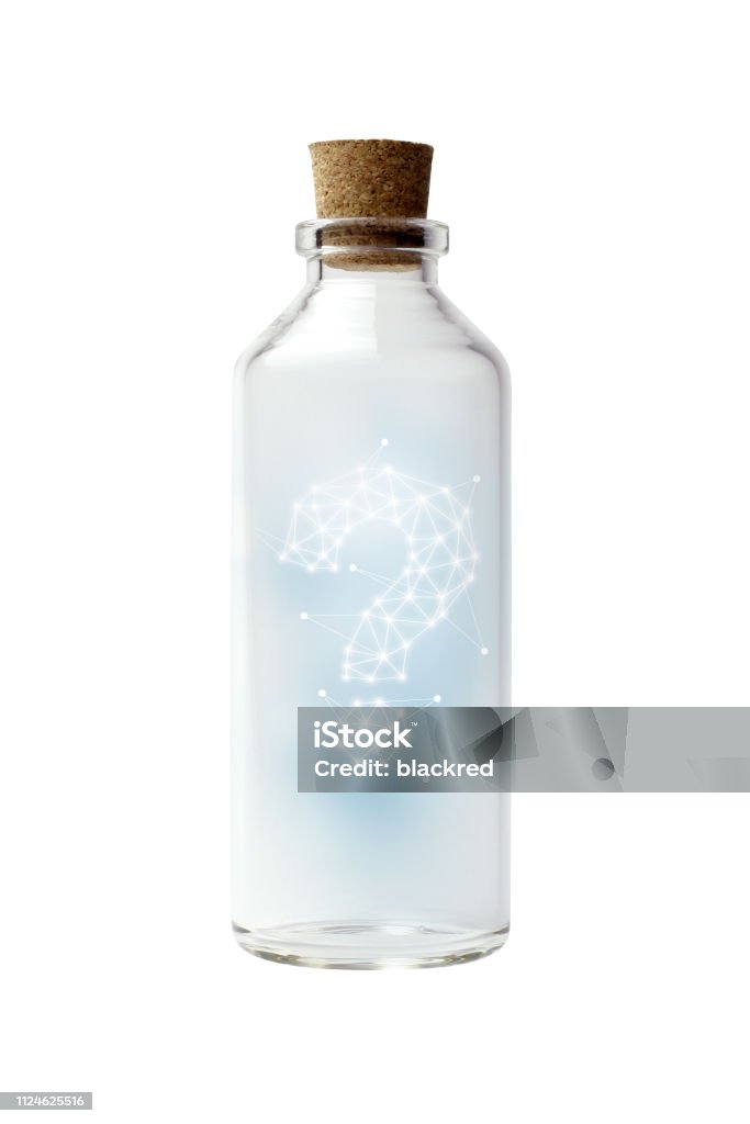 Question Mark of Message In a Bottle Question mark of message in a bottle, on White background. Bottle Stock Photo