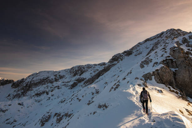 Couple enjoys a day outdoors climbing a snowy mountain with their dog in winter