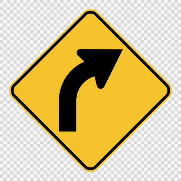 Vector illustration of Right Curve Ahead sign on transparent background