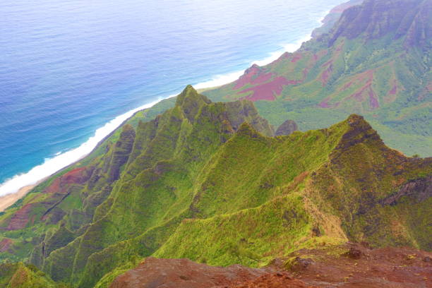 kauai green mountains in fog - kalepa ridge dopo la pioggia - mahaulepu beach foto e immagini stock