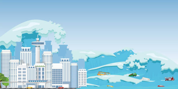 City destroyed by Tsunami waves. City destroyed by Tsunami waves,Tsunami tidal wave washing through a city street pushing cars out of the way, Natural disasters vector illustration. drawing of the destroyed city stock illustrations