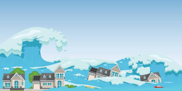 House destroyed by Tsunami waves. House destroyed by Tsunami waves.Tsunami tidal wave washing through houses and cars out of the way, Natural disasters vector illustration. drawing of the destroyed city stock illustrations