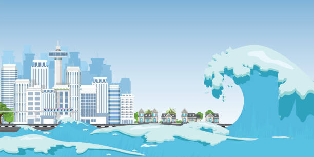 City on seashore destroyed by Tsunami waves. City on seashore destroyed by Tsunami waves, Natural disasters vector illustration. drawing of the destroyed city stock illustrations