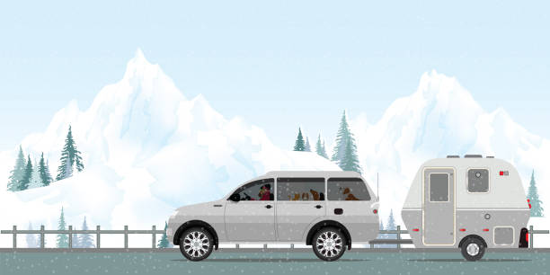 счастливая пара за рулем автомобиля на дороге зимой.1 - transportation mountain winter couple stock illustrations