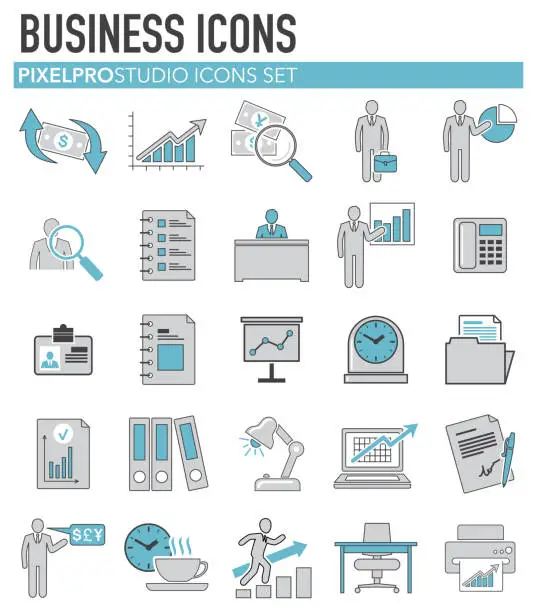 Vector illustration of Business icons set bleu grey on white background for graphic and web design, Modern simple vector sign. Internet concept. Trendy symbol for website design web button or mobile app.
