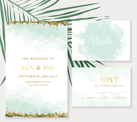 Stylish dusty emerald watercolor and gold glitter vector design cards. Golden art foil frames. Tropical elegant wedding invitations. Splash texture. Boho style. All elements are isolated and editable