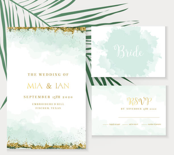 Golden art foil frames. Stylish dusty emerald watercolor and gold glitter vector design cards. Golden art foil frames. Tropical elegant wedding invitations. Splash texture. Boho style. All elements are isolated and editable emerald green stock illustrations