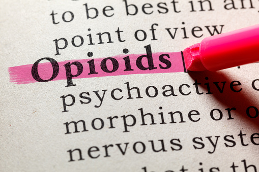 Fake Dictionary, Dictionary definition of the word opioids. including key descriptive words.