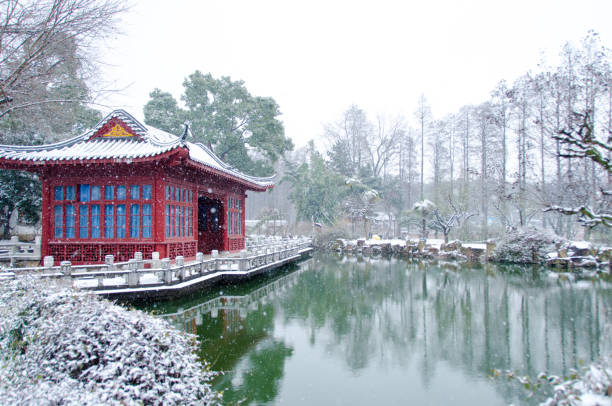 istock Snow-covered landscape with Chinese traditional architecture 1124639892