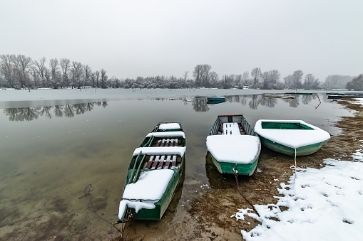 Danube island (Šodroš) near Novi Sad, Serbia. Colorful landscape with snowy trees, beautiful frozen river. A boats covered with snow or submerged
