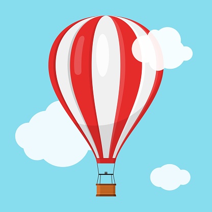 Aerostat Balloon transport with basket flying in blue sky and clouds, Cartoon air-balloon icon ballooning adventure flight, ballooned traveling flying toy, Vector illustration