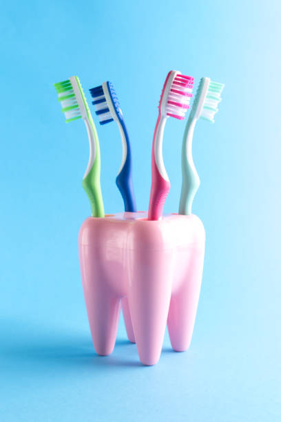 istock Colorful toothbrushes in a tooth-shaped pink container. Four toothbrushes in a tooth like container on blue. 1124646417