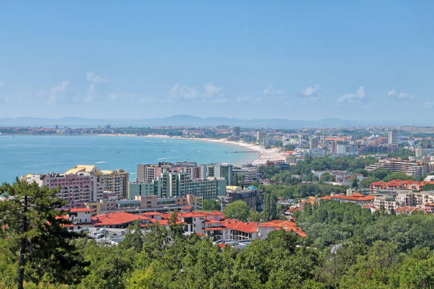 View of Sunny beach -  resort on the Black Sea coast of Bulgaria. stock photo