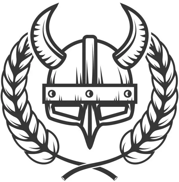 Vector illustration of Emblem template with horned helmet and wreath. Design element for label, emblem, sign.