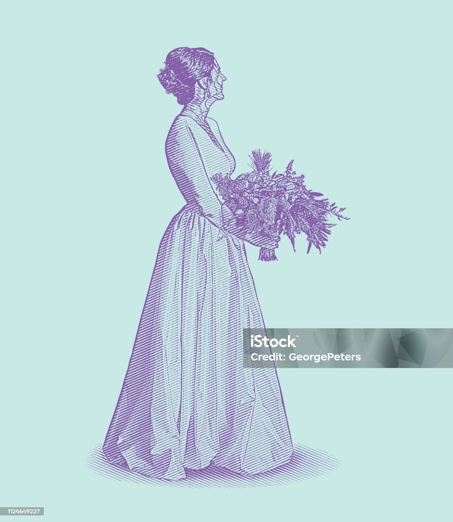 Bride, wedding dress and bouquet Engraving illustration of a Bride, wedding dress and bouquet Bride stock vector