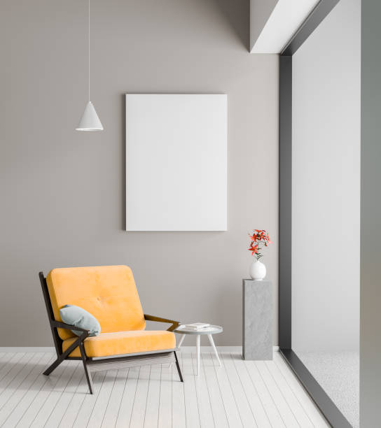 istock Mock up poster frame in Scandinavian style hipster interior. Minimalist modern room with armchair. 3D illustration. 1124649711