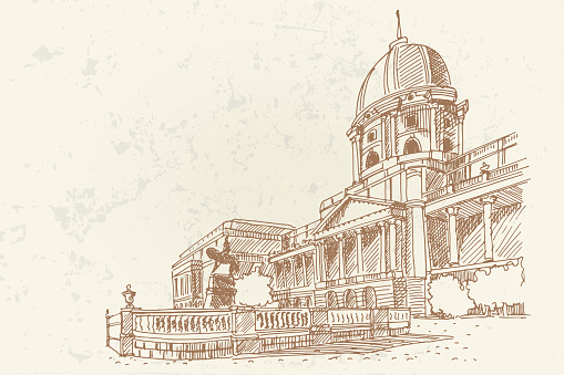 Vector sketch of Royal palace in Budapest, Hungary. Artistic retro style.