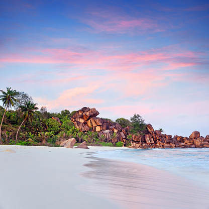 Turquoise water and granite rocks, panorama of  Anse Source d'Argent beach, La Digue island, Seychelles web banner