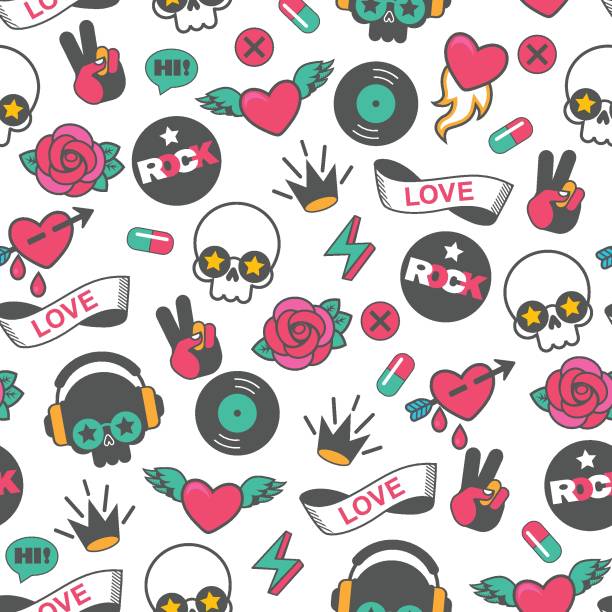 бесшовные вектор рок шаблон с черепом и сердцем - pop art skull backgrounds pattern stock illustrations