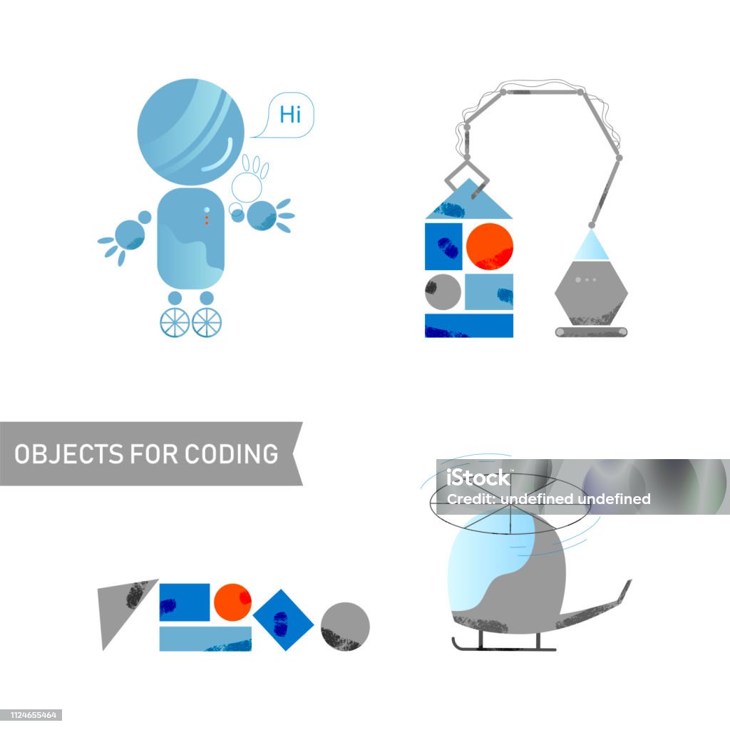 Set Of Objects For Children Coding Robot Machine Helicopter Building ...