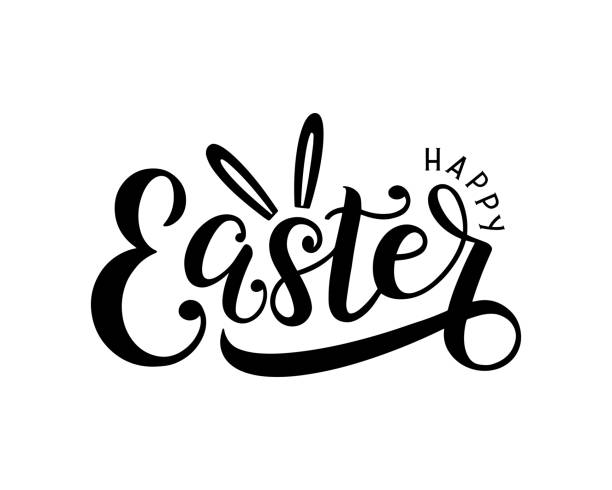Happy easter lettering logo decorated by rabbit ears. Hand drawn sketch as logotype, print, badge, greeting card template, emblem. Vector illustration EPS 10 easter vector holiday design element stock illustrations