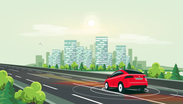 illustrazioni stock, clip art, cartoni animati e icone di tendenza di auto elettrica intelligente senza conducente autonoma che guida su highway road fino al centro della città - green tree monitor