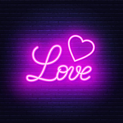 Love neon lettering.Vector illustration brick wall background.