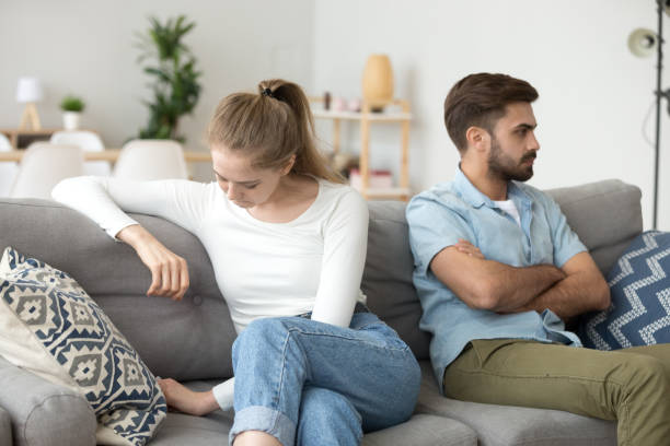 istock Stubborn couple avoid talk ignoring each other after fight 1124667840