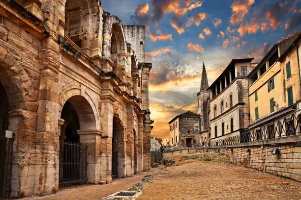 Arles, France: the ancient Roman Arena, a 1st-century amphitheatre, one of the best preserved of antiquity