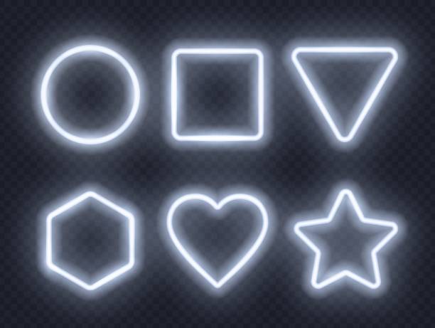 Set of white glowing neon frames on dark background. Set of white neon frames. Circle, rectangle, triangle, hexagon, heart and star glowing signs glow in the dark hearts background stock illustrations