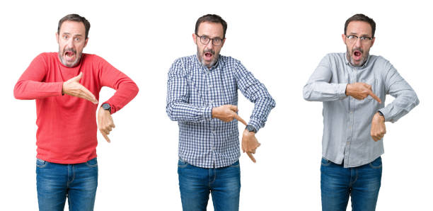 collage of handsome senior man over white isolated background in hurry pointing to watch time, impatience, upset and angry for deadline delay - clock face clock deadline human hand imagens e fotografias de stock