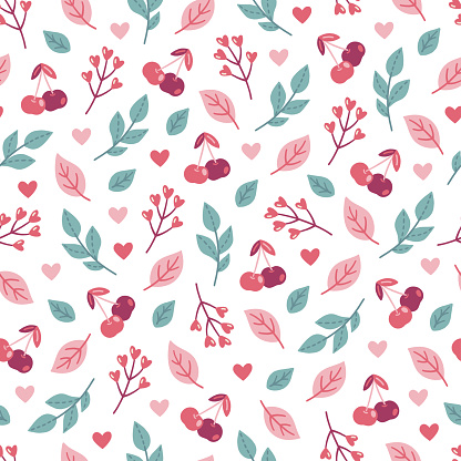 St. Valentine's Day seamless pattern with cherry, branches, leaves and hearts on white background. Perfect for gift paper, greeting cards, wallpaper. Hand drawn vector illustration.