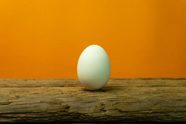 istock Egg on a old oak wooden table orange background. 1124675802