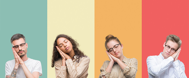 Collage of a group of people isolated over colorful background sleeping tired dreaming and posing with hands together while smiling with closed eyes.