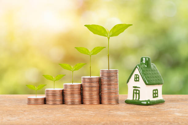 istock Model house and coin stack with tree on blur green background mortgage saving concept 1124680606