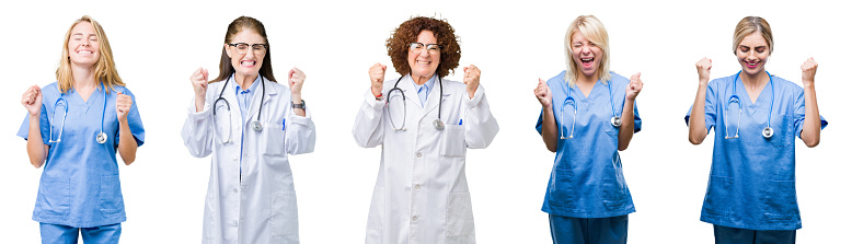 Collage of group of professional doctor women over white isolated background excited for success with arms raised celebrating victory smiling. Winner concept.