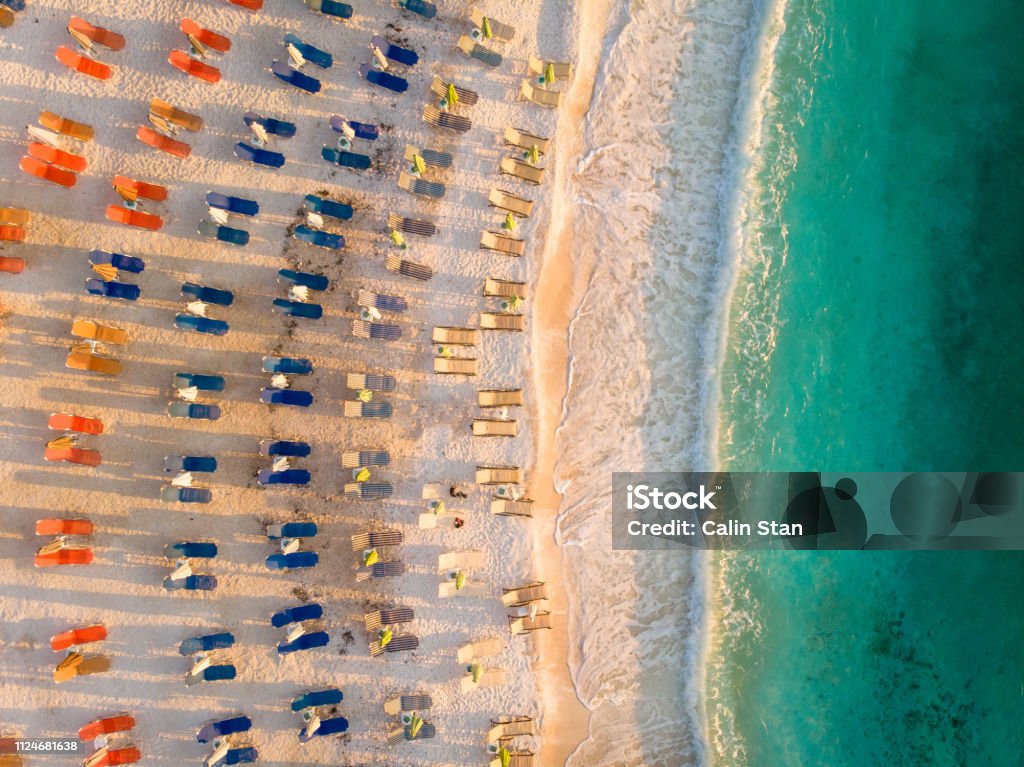 Brach with sunchairs and umbrellas in Greek Island Thasos, Aegean Sea Aegean Islands Stock Photo