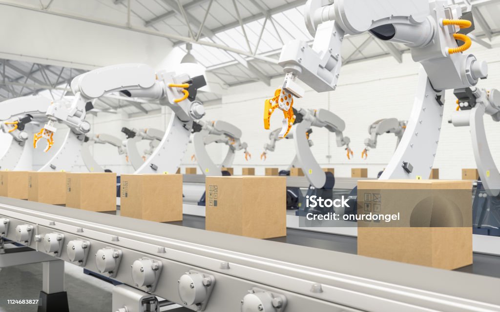 Robotic with arm conveyor line Automated Stock Photo