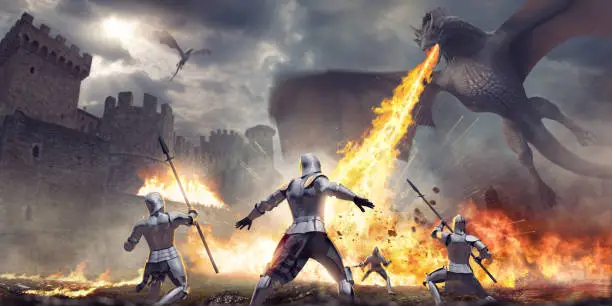 A dramatic and cinematic image of a group of four medieval knights, some holding spears, close to a castle standing in shock as a huge fire breathing dragon flies overhead. The dragon is breathing out a jet of fire in mid air over the ground causing debris to explode.