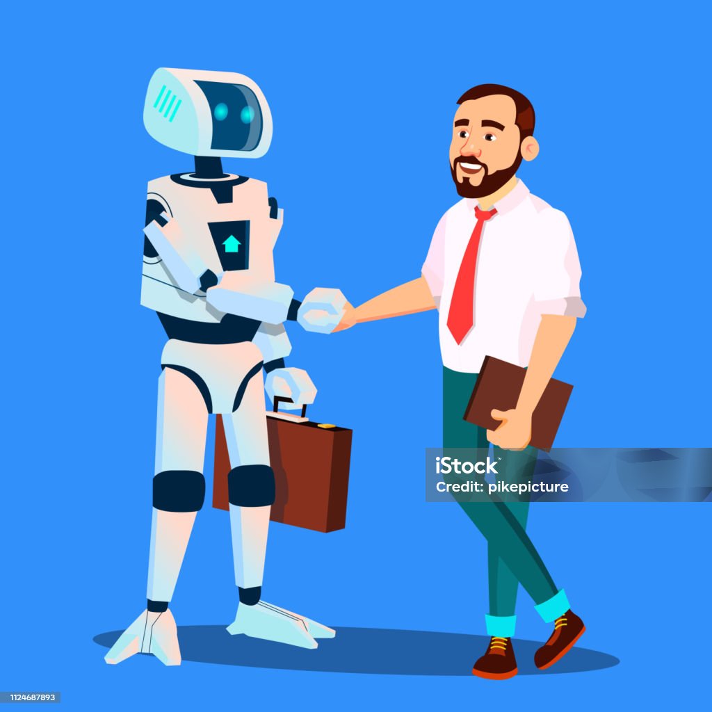 Robot With Briefcase Shakes Hands With Businessman Vector. Isolated Illustration Robot With Briefcase Shakes Hands With Businessman Vector. Illustration Adult stock vector