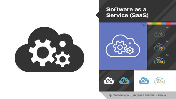 Software as a service SaaS icon black glyph silhouette and editable stroke thin outline single with cloud computing information internet technology sign. vector art illustration