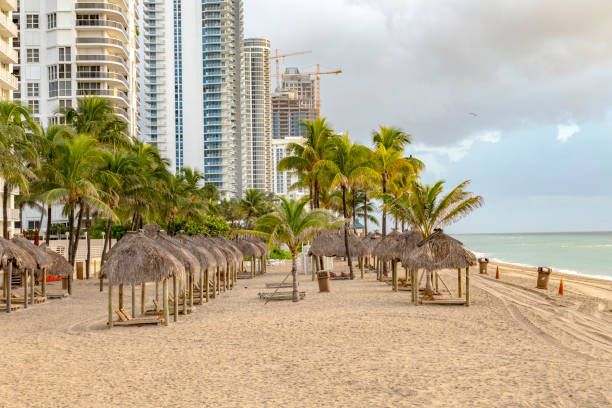 istock empty beach huts in early morning in Florida with hotels in background 1124688059