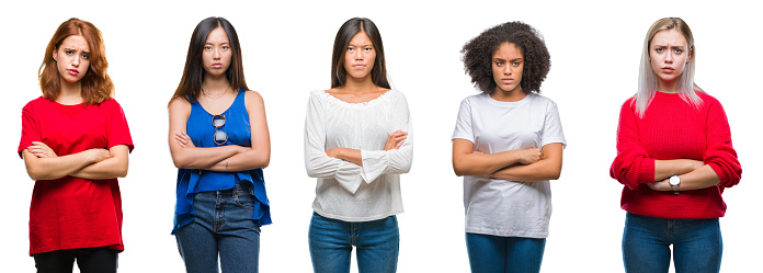 Collage of group of beautiful Chinese, asian, african american, caucasian women over isolated background skeptic and nervous, disapproving expression on face with crossed arms. Negative person.