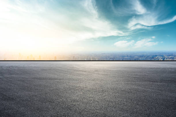 empty asphalt road and city skyline with buildings in shanghai - car horizon over land driving street imagens e fotografias de stock