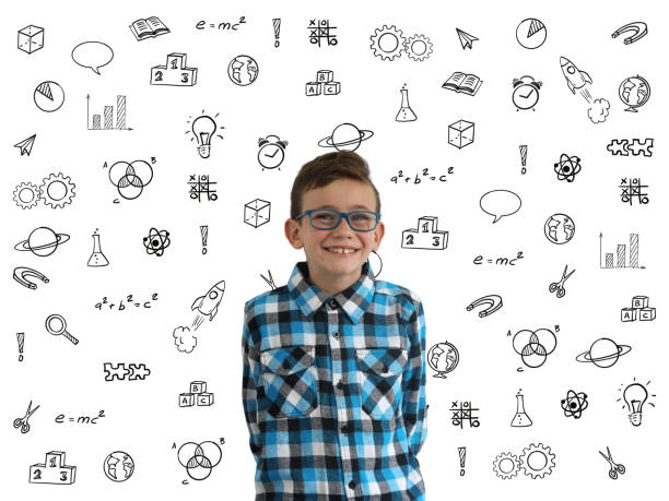 istock Young boy child think smile happy idea education school background 1124693926