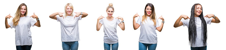 Collage of group of beautiful woman wearing casual white t-shirt over isolated background looking confident with smile on face, pointing oneself with fingers proud and happy.